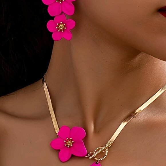 Pink Flower Jewelry Set Necklace Earrings Chic Summer Seaside Gift for Her - Picture 2 of 7